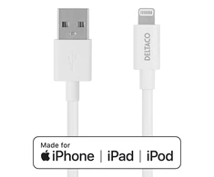 USB kabelis DELTACO su Lightning jungtimi, MFI sertifikuotas, 2.4A, 3 m, baltas / IPLH-403