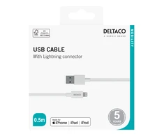 USB kabelis DELTACO su Lightning jungtimi, MFI sertifikuotas, 2.4A, 0.5 m, baltas / IPLH-4005
