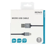 USB sinchronizavimo / įkrovimo kabelis, pintas, USB-A ma - USB Micro B ma, 2m, 2.4A, USB 2.0 DELTACO juodas / MICRO-113F