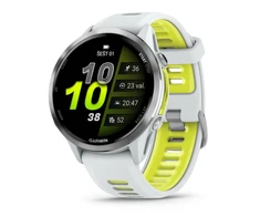 Išmanusis laikrodis Garmin Forerunner 970, su titano ir baltojo akmens korpusu bei baltojo akmens / permatomu ryškiai geltonu dirželiu