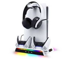 iPega P5S006 daugiafunkcis įkrovimo RGB stovas su aušinimu, skirtas PS5 Slim Baltas