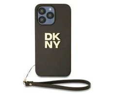 DKNY PU Leather Stack Logo Wrist Strap dėklas telefonui Apple iPhone 14 Pro rudos spalvos
