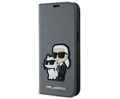Karl Lagerfeld KLBKP14SSANKCPG Apple iPhone 14 6.1" atverčiamas dėklas telefonui sidabro spalvos Saffiano Karl &amp; Choupette