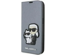 Karl Lagerfeld KLBKP14XSANKCPG Apple iPhone 14 Pro Max 6.7" atverčiamas dėklas telefonui sidabro spalvos Saffiano Karl &amp; Choupette
