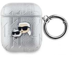 Karl Lagerfeld PU Embossed Karl and Choupette Heads dėklas ausinėms AirPods 1/2 sidabrinės spalvos