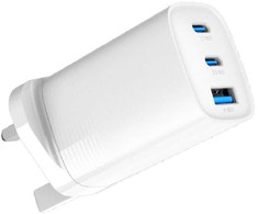 Evelatus 65W GaN Ātrais Lādētājs UK Kontaktligzda 2× USB-C + USB-A PD/QC Multi-Port Balts