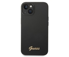Dėklas Guess Liquid Silicone Metal Logo Case skirtas iPhone 14, juodas