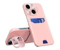 Hurtel Leather Apple iPhone 14 card wallet su stoveliu dėklas telefonui rožinės spalvos