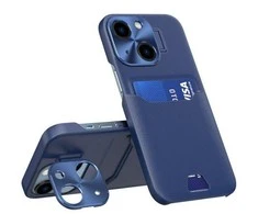 Hurtel Leather Apple iPhone 14 card wallet su stoveliu dėklas telefonui mėlynos spalvos