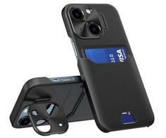 Hurtel Leather Apple iPhone 14 card wallet su stoveliu dėklas telefonui juodos spalvos