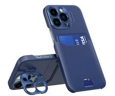 Hurtel Leather Apple iPhone 14 Pro card wallet su stoveliu dėklas telefonui mėlynos spalvos