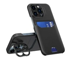 Hurtel Leather Apple iPhone 14 Pro card wallet su stoveliu dėklas telefonui juodos spalvos
