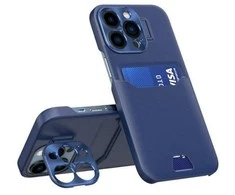 Hurtel Leather Apple iPhone 14 Pro Max card wallet su stoveliu dėklas telefonui mėlynos spalvos