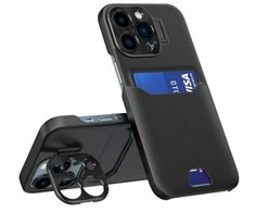 Hurtel Leather Apple iPhone 14 Pro Max card wallet su stoveliu dėklas telefonui juodos spalvos