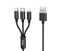 iLike CCI02 Pīta auduma izturīgs USB 3in1 Kabelis ar USB uz Micro USB / Lightning / Type-C 1m Melns