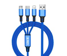 iLike CCI02BE Pīta auduma izturīgs USB 3in1 Kabelis ar USB uz Micro USB / Lightning / Type-C 1m Zils