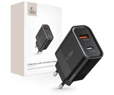 Įkroviklis 30W USB QC3.0 + USB-C PD Tech-Protect C30W juodos spalvos