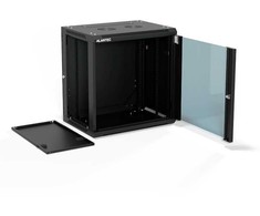 Pakabinama lentyna 19" 12U 600x450, (dvigubos sekcijos variantas) su vienvėrėmis stiklinėmis durimis, nuimamas pilnas galinis dangtis, nuimami šoniniai dangčiai, rakinamas, 4 sijos, spalva juoda, savarankiškam surinkimui - plokščia pakuotė, ALANTEC