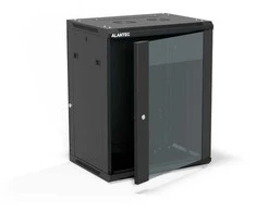 Pakabinama lentyna 19" 15U 600x450, (dvigubos sekcijos variantas) vienos varčios stiklinės durys, nuimamas pilnas galinis dangtis, nuimami pilnai šoniniai dangčiai, rakinamas, 4 sijos, spalva juoda, ALANTEC