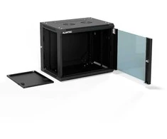 19" 9U 600x450 sieninė spintelė, vienos lapo stiklinės durys, visiškai nuimama galinė sienelė, visiškai nuimamos rakinamos šoninės sienelės, 4 sijos, juoda, savarankiškam surinkimui - plokščia pakuotė, ALANTEC