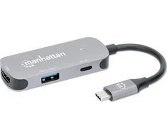 Adapteris AV Manhattan MANHATTAN USB-C į HDMI 3-in-1 prijungimo keitiklis USB 3.2 Type-C Vyriškas į HDMI 4K60Hz USB-A 5 Gbit/s ir USB-C maitinimo tiekimas 100W