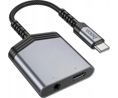 Adapteris AUX 2w1 USB C į USB C / Jack 3,5 mm Hoco 27W LS39 metalinis pilkas