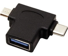 USB redukcja, (2.0), USB A F - microUSB (M) + USB C (M), juoda, plastikas bag OTG