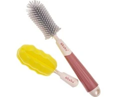 Akuku buteliukų, puodelių ir žindukų silikoninis šepetys su kempine, beige/pink, A0512