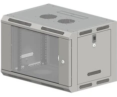 19" 9U 600x500 pakabinama spintelė, nedaloma, vienos sparnos stiklinės durys, pilnas galinis dangtis, perforuoti judantys šoniniai dangčiai, pilka, 4 sijos, PLOKŠČIA PAKUOTĖ ALANTEC