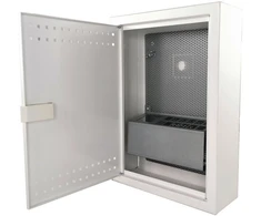 Korpuso spinta, telekomunikacinė spinta, FTTH 350x250x90, montuojama paviršiuje, perforuotos durys, 1 x lizdas. elektra, 14x lizdai kertinis akmuo ALANTEC