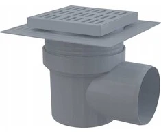 Alcadrain Drenažo grotelės 150×150/110 mm šoninis išėjimas, pilkos grotelės, dviejų lygių izoliacija, šlapias sifonas