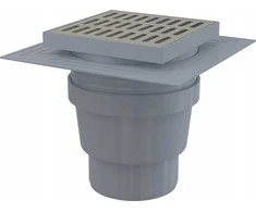 Alcadrain Drenažo grotelės 150×150/110 mm vertikalus nutekėjimas, nerūdijančio plieno grotelės, dviejų lygių izoliacija, šlapias sifonas