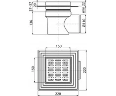 Alcadrain Drenažo grotelės 150×150/110 mm šoninis išėjimas, pilkos grotelės, dviejų lygių izoliacija, šlapias sifonas