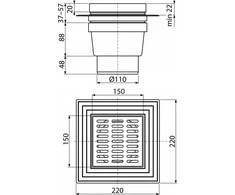 Alcadrain Drenažo grotelės 150×150/110 mm vertikalus nutekėjimas, nerūdijančio plieno grotelės, dviejų lygių izoliacija, šlapias sifonas
