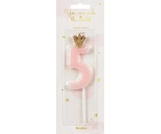 PartyDeco Žvakutė Skaičius su karūna, rausva 9,5cm, Skaičius: 5