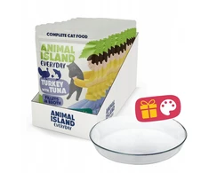 ANIMAL ISLAND Everyday kalakutiena and tuna in broth Box – šlapias kačių maistas – 12x85g + lėkštutė dovanų