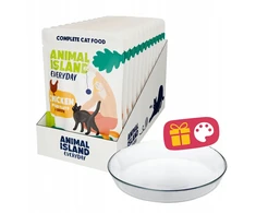 ANIMAL ISLAND Everyday vištiena in broth Box – šlapias kačių maistas – 12x85g + lėkštutė dovanų