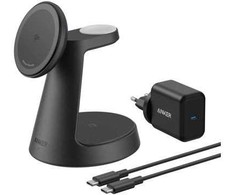 ANKER MagGo 3-in-1 įkrovimo stotelė, juoda, Qi2 15W, skirta „iPhone“, įskaitant sertifikuotą „Apple Watch“ modulį.