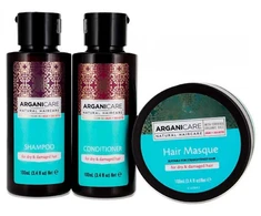 Set Arganicare: Argan Oil &amp; Sviestmedžių aliejumi Hair Treatment Kreminis Mask Repair Moisturizing, 100 ml + Argan Oil &amp; Sviestmedžių aliejumi Hair Šampūnas Repairing &amp; Moisturising, 100 ml + Argan Oil &amp; Sviestmedžių aliejumi Hair Conditioner Repairing &amp; Moisturising, 100 ml