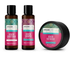Set Arganicare: Keratin Hair Conditioner maitininantis &amp; Strengthening, 100 ml + Keratin Hair Šampūnas Repairing &amp; maitininantis, 100 ml + Keratin Hair Treatment Kreminis Mask maitininantis &amp; Repairing, 100 ml