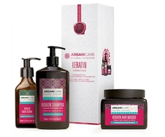Set Arganicare: Keratin Hair Šampūnas Repairing &amp; maitininantis, 400 ml + Keratin Hair Treatment Kreminis Mask maitininantis &amp; Repairing, 500 ml + Keratin Hair Serum maitininantis &amp; Strengthening, 100 ml