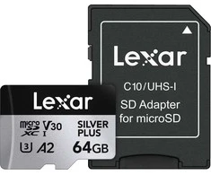 Atminties kortelė Lexar | Sidabrinis PLUS | 64 GB | Micro SDXC | Flash atminties klasė 10