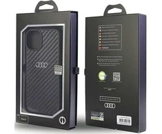 Audi Carbon Fiber Apple iPhone 14 / 15 / 13 6.1″ juodos spalvos kietas dėklas AU-TPUPCIP14-R8/D2-BK