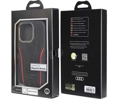 Audi Genuine Leather MagSafe Apple iPhone 14 Pro 6.1″ juodos spalvos-red kietas dėklas AU-TPUPCMIP14P-R8/