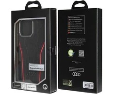 Audi Genuine Leather MagSafe Apple iPhone 14 Pro Max 6.7″ juodos spalvos-red kietas dėklas AU-TPUPCMIP14P
