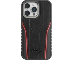 Audi Genuine Leather MagSafe Apple iPhone 15 Pro 6.1″ juodos spalvos-red kietas dėklas AU-TPUPCMIP15P-R8/