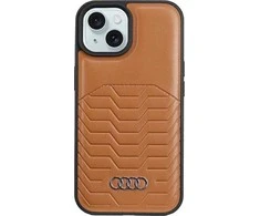 Audi Synthetic Leather MagSafe Apple iPhone 15 / 14 / 13 6.1″ rudos spalvos kietas dėklas AU-TPUPCMIP15-GT/D3-BN