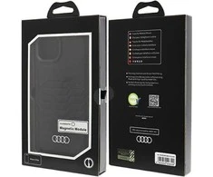 Audi Synthetic Leather MagSafe Apple iPhone 15 Plus / 14 Plus 6.7″ juodos spalvos kietas dėklas AU-TPUPCMIP15M-GT/