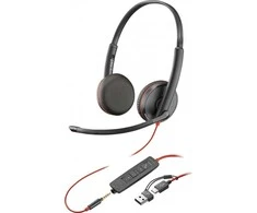 „Hewlett Packard (HP) POLY“ stereo USB-C ausinės su juoda viela, 3225 + 3,5 mm kištukas + USB-C/A adapteris (didmeninė pakuotė)