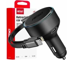 Automobilinis įkroviklis su ištraukiamu C kabeliu, Lightning ir USB-C 12/24V 60W AMIO-04370